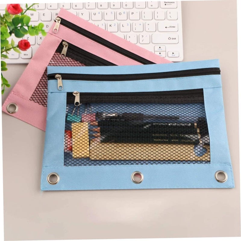 woobles Binder Pouches, 2pcs Binder Pencil Bags with Zipper, Dual Pocket Pencil Case Bag with Mesh Window, Pencils Storage Container for Office School Supplies(Blue+Pink) - Image 1